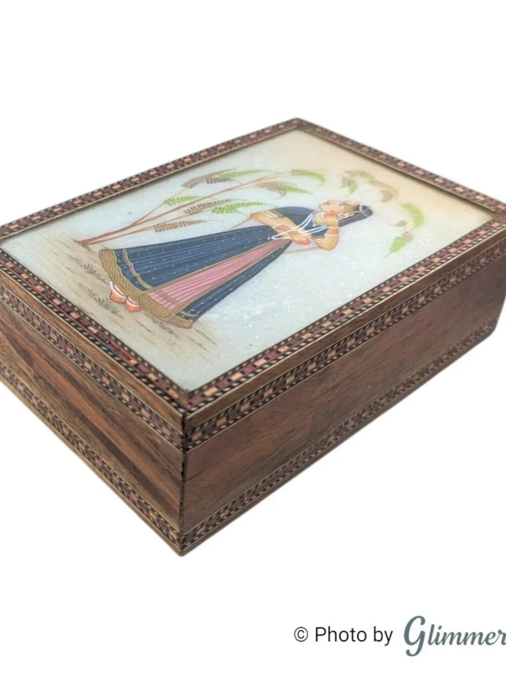 Vintage Indian Inlay Rajasthani Art Blue Lined Glass Lid Wood Jewelry Box